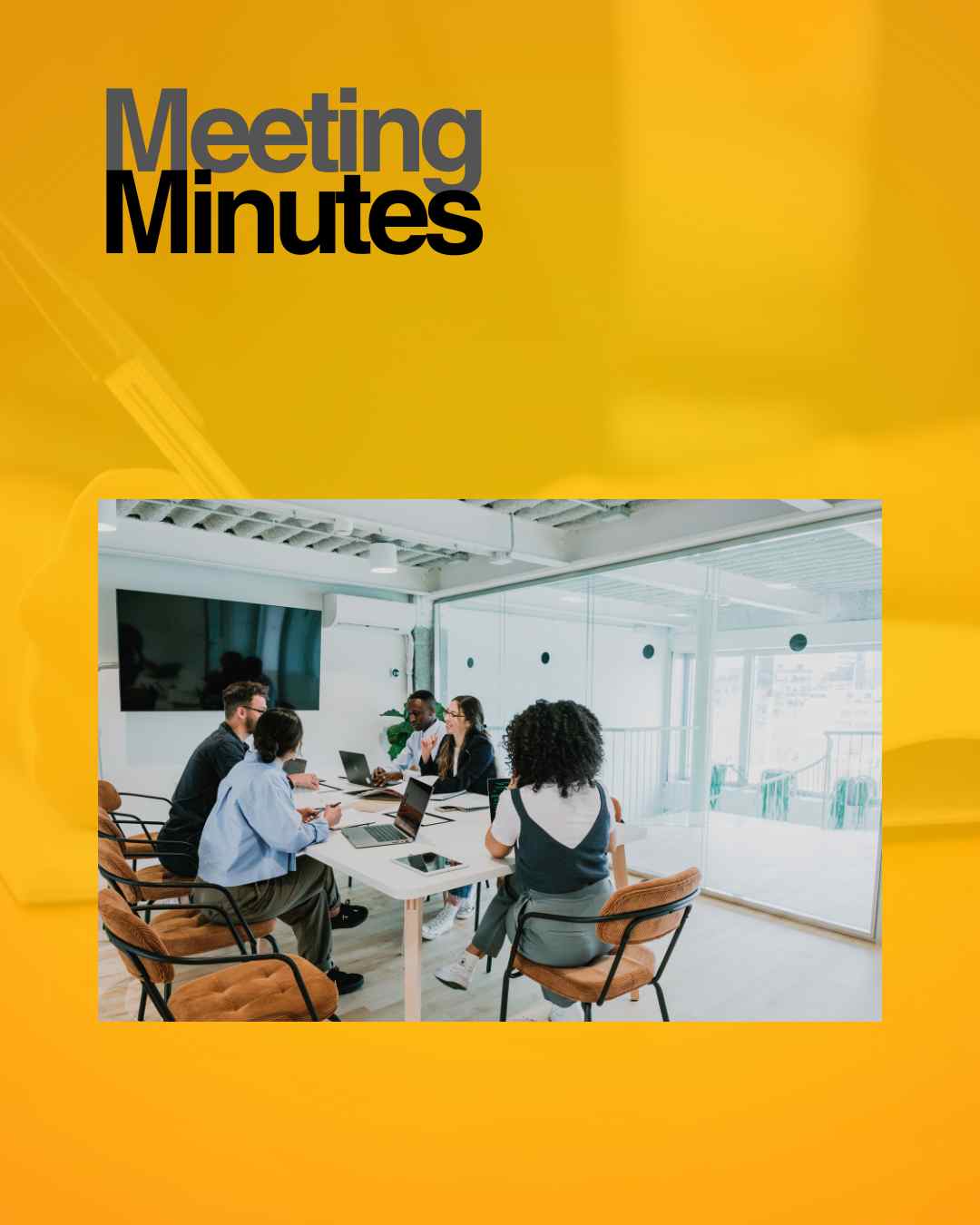 A group of professionals collaborating in a modern office space during a meeting, equipped with laptops, notebooks, and a presentation screen.